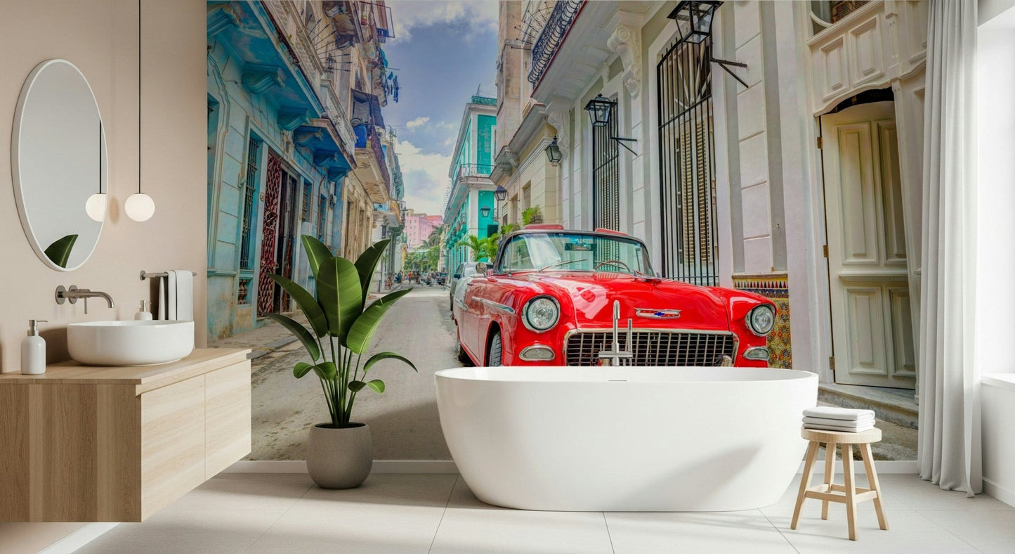 Cuban Classics Wall Mural in a minimalist seating area.