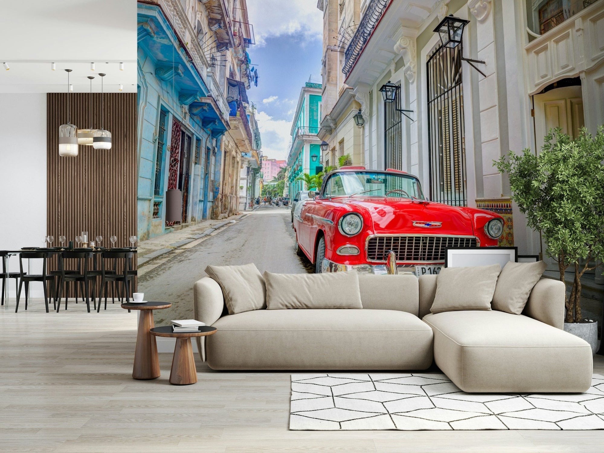 Vintage car street scene wall mural for a vibrant living room., GD7879