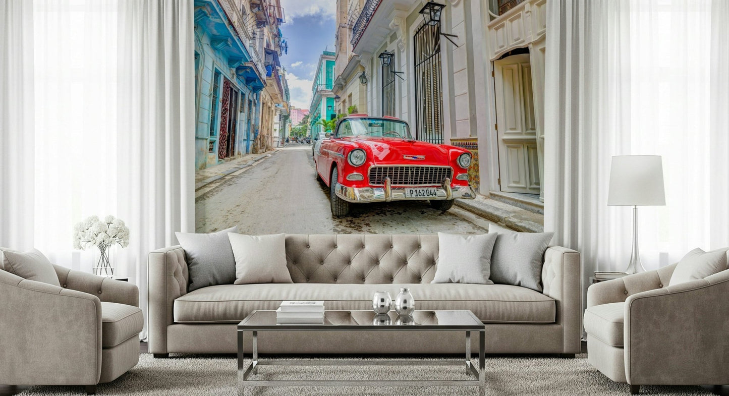 Artistic street view wallpaper for a boutique hotel lobby.