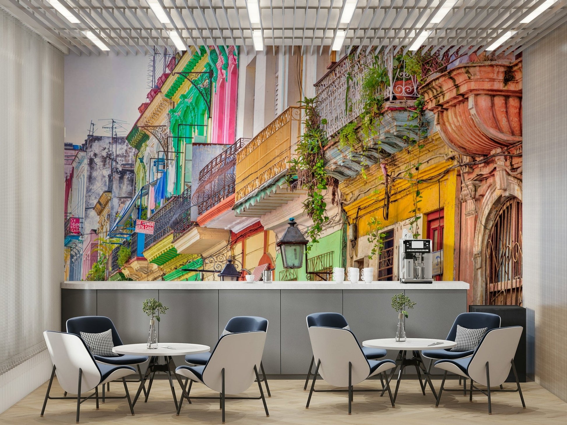 The mural gives a feeling of being in a classic urban setting.


