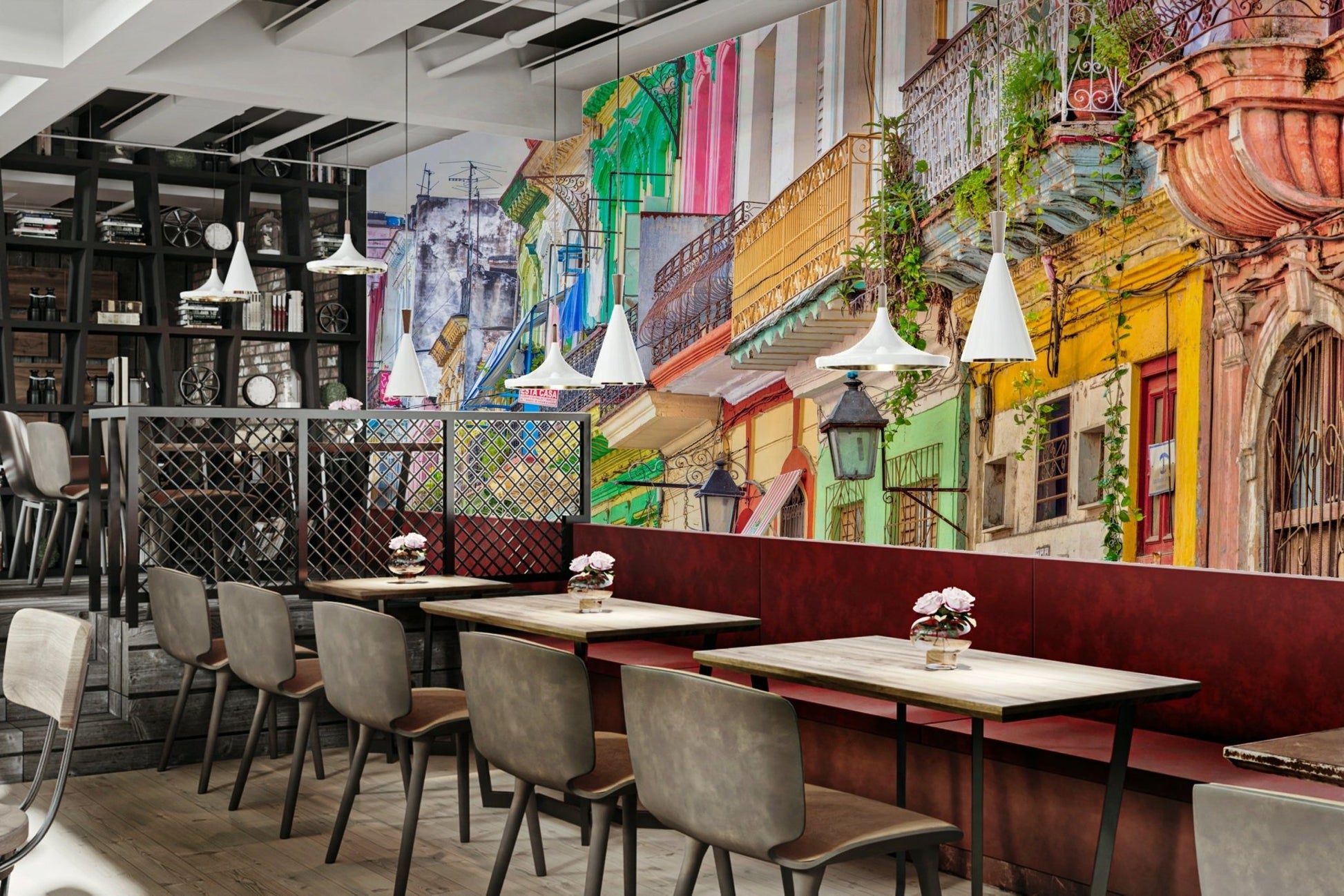 The image features classic buildings and lively colors.

