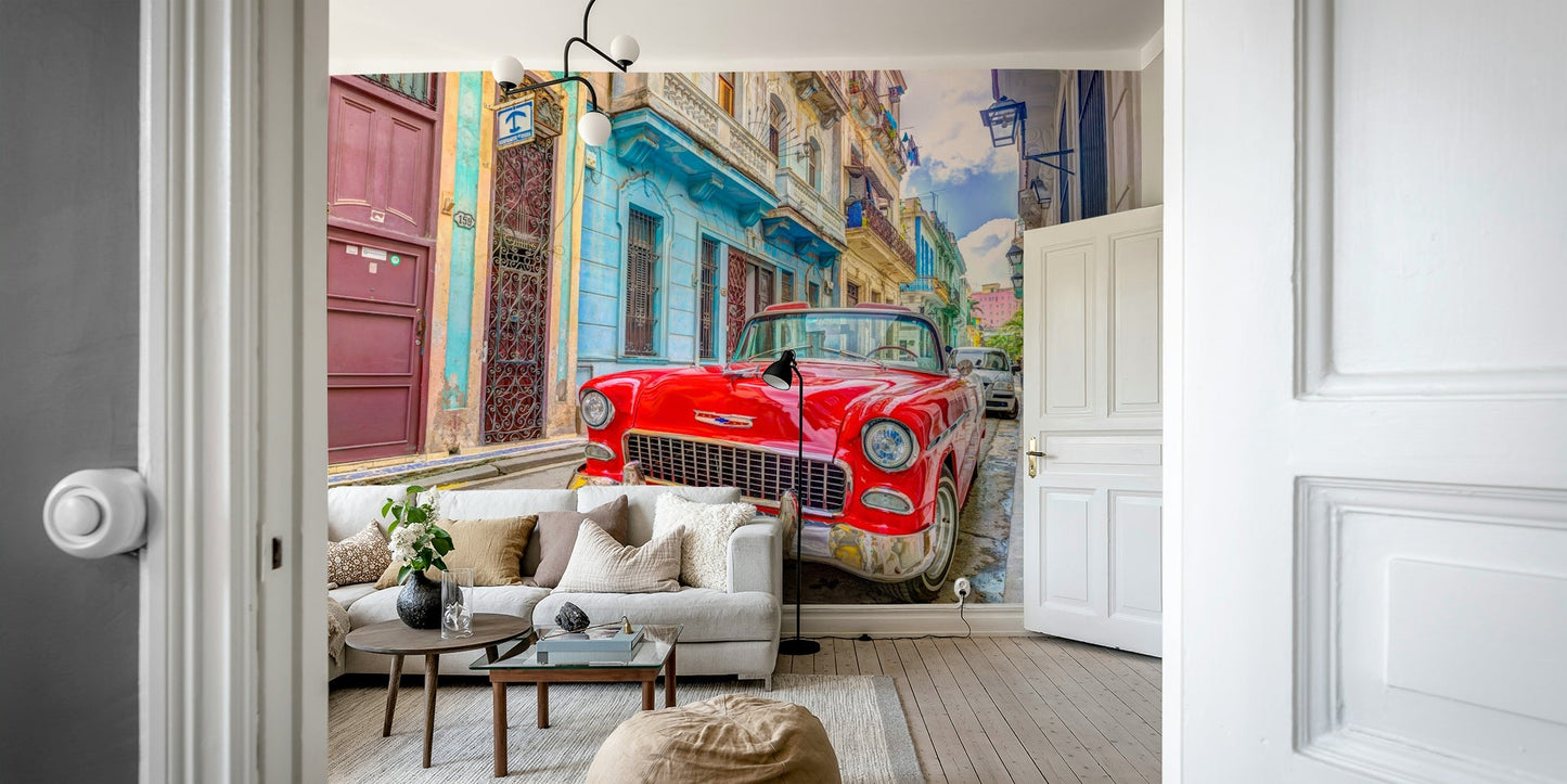 Vintage Havana harbor scene on a Cuban cruise wall mural.

