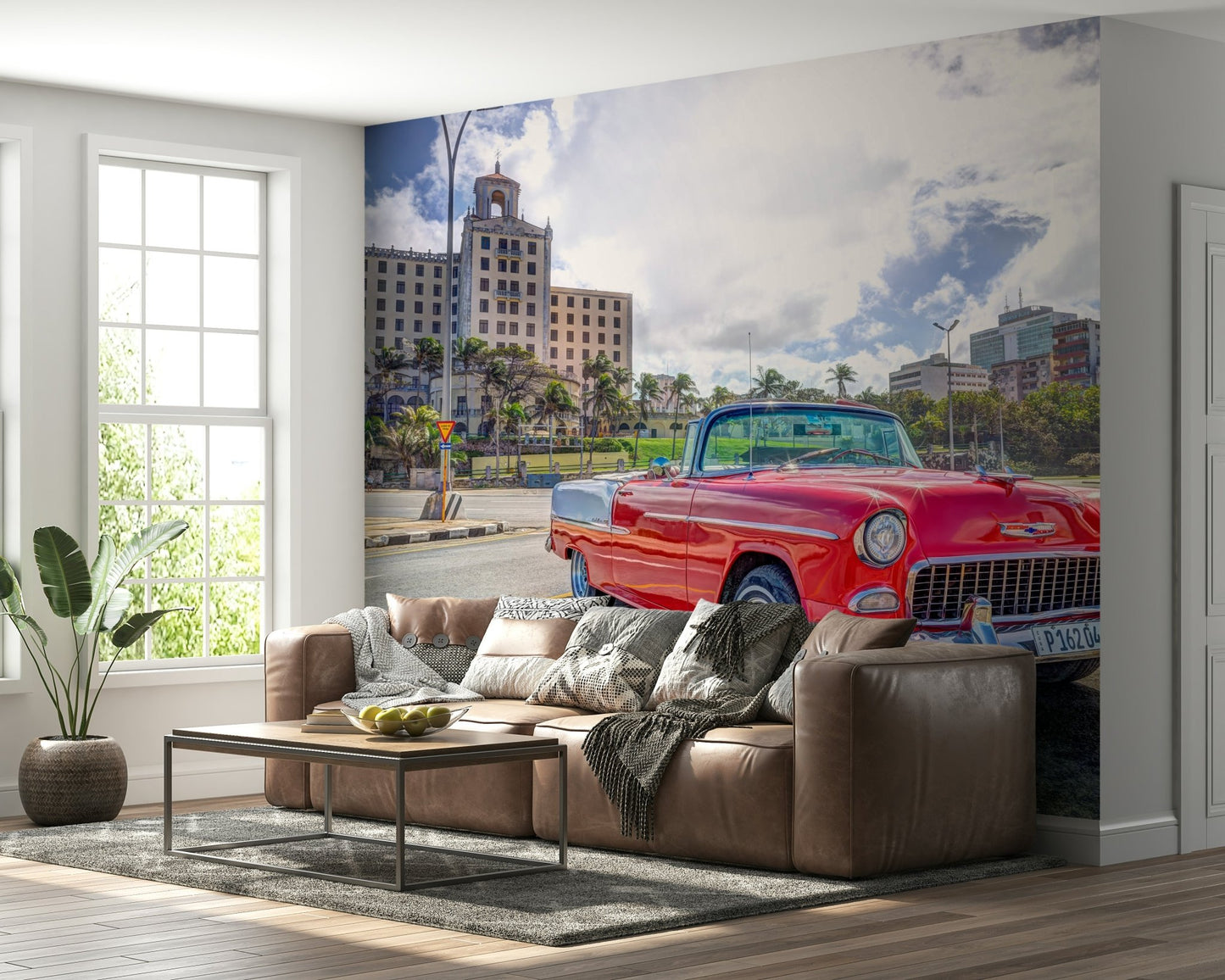 The main focus is a classic, colorful car.

