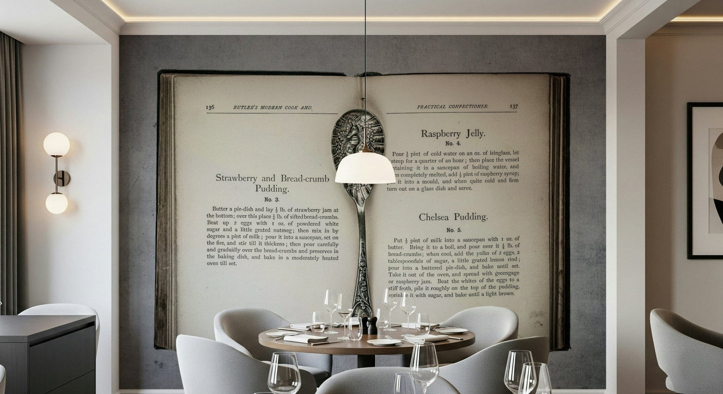 Rustic cookbook pages on Culinary Antiques peel and stick wallpaper.