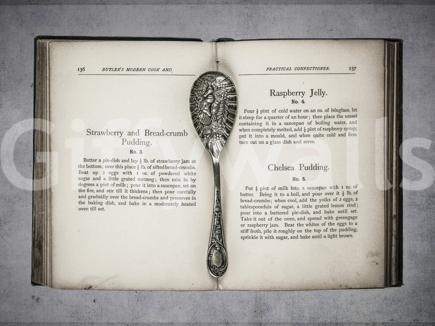 Historic typography art on Culinary Antiques wallpaper for walls.