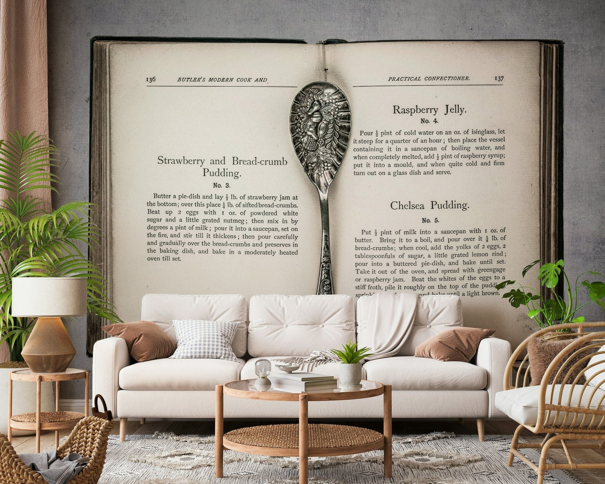 Ornate silver spoon on Culinary Antiques wallpaper mural background.