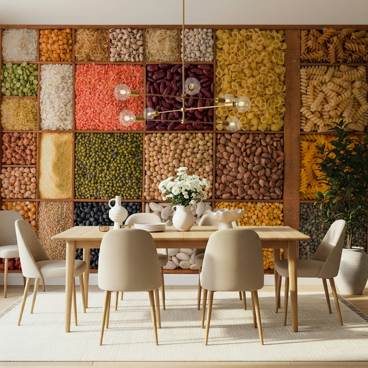 Culinary Canvas wall mural showing a wooden grid of grains and pulses GD7411
