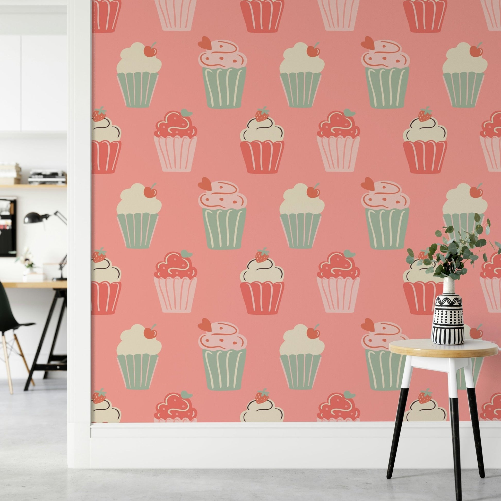 Pastel wallpaper with cupcakes and festive patterns

