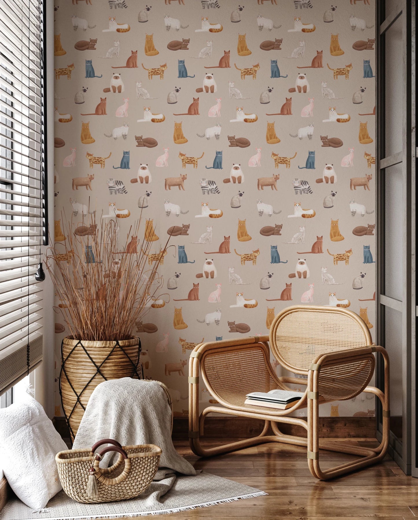 Decorative feline wallpaper with varied cat poses and tones, GD8491