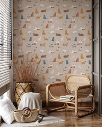 Decorative feline wallpaper with varied cat poses and tones, GD8491