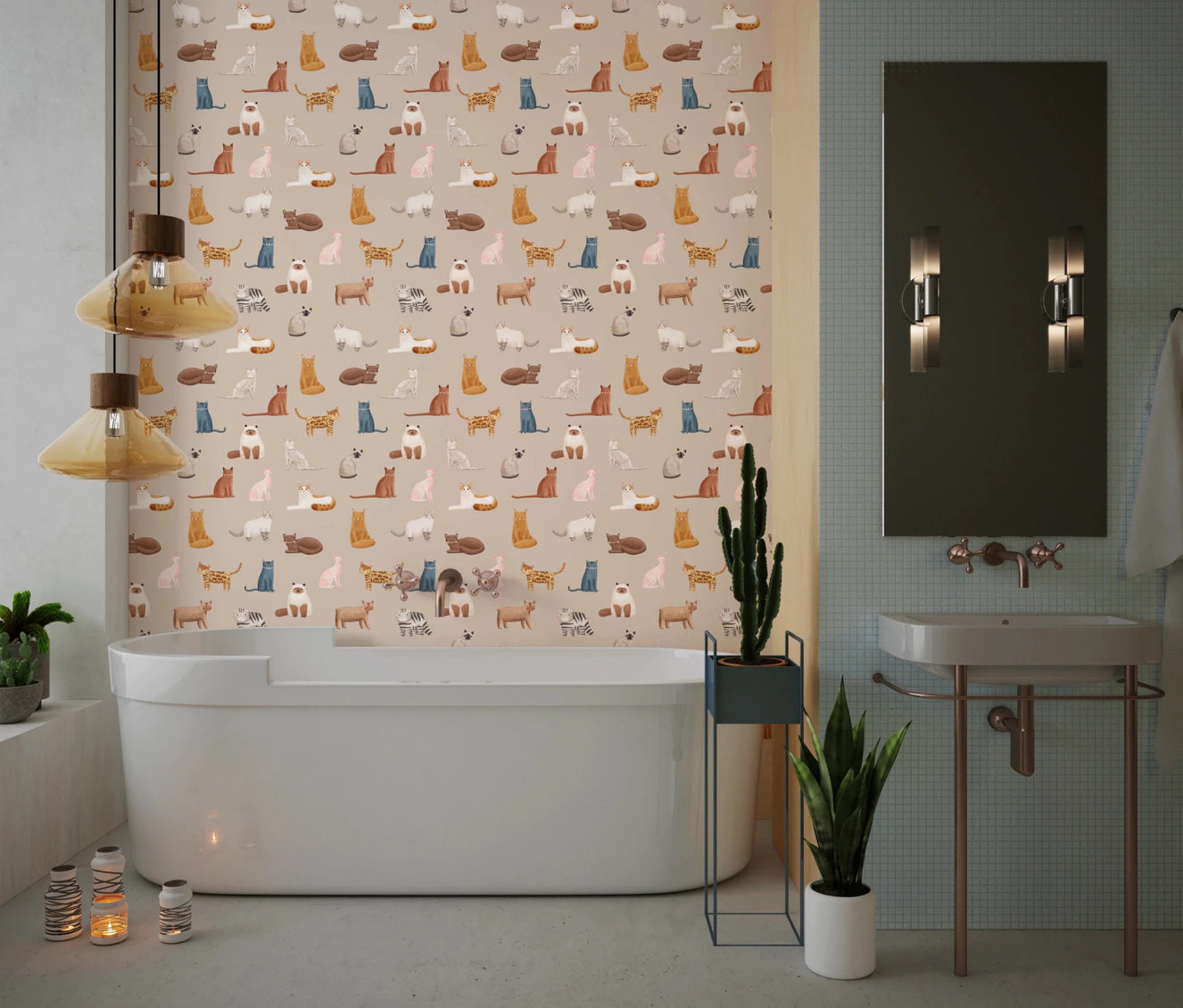 Bathroom with Curious Cats Wallpaper on warm beige base