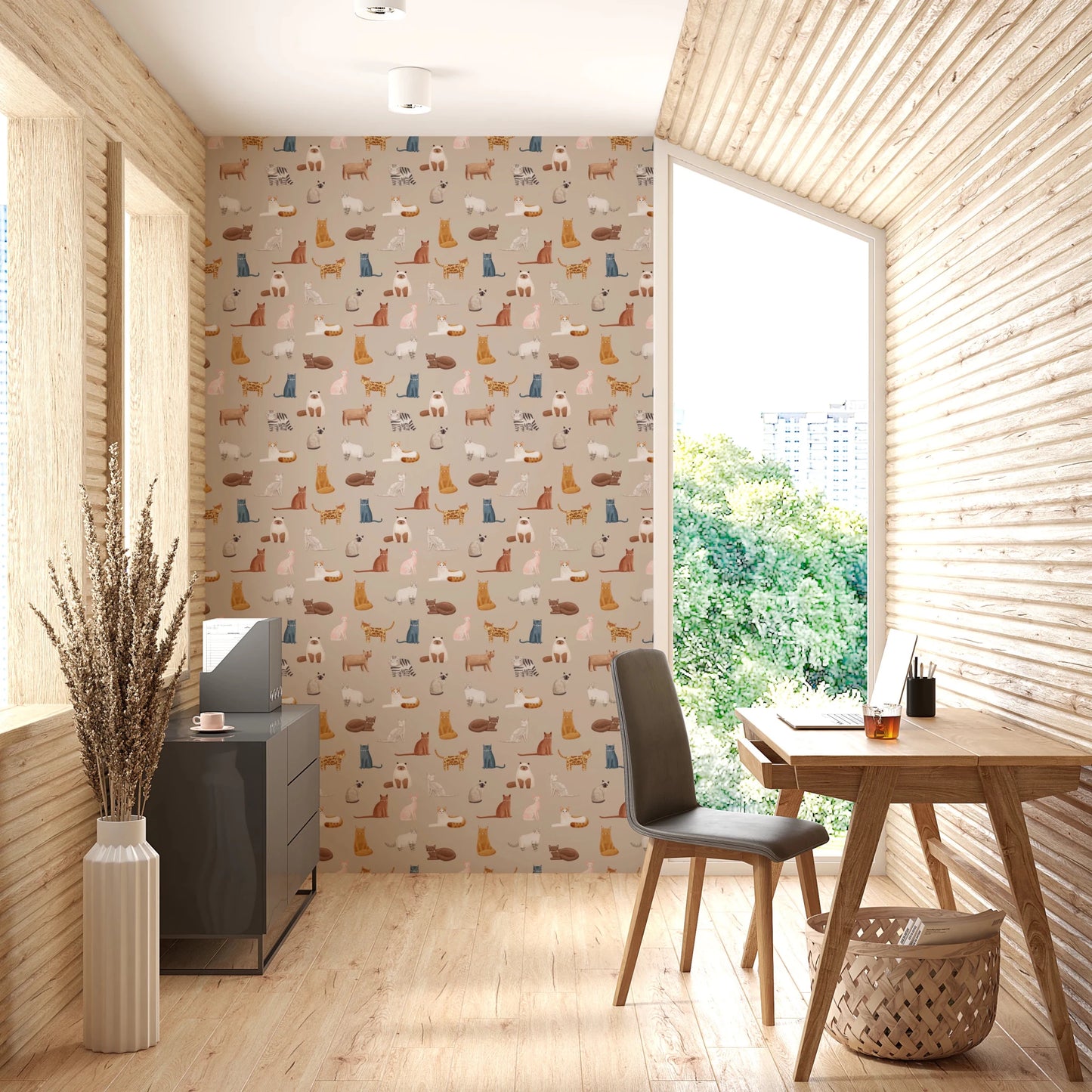 Office with Beige Wallpaper featuring illustrated felines, GD8491