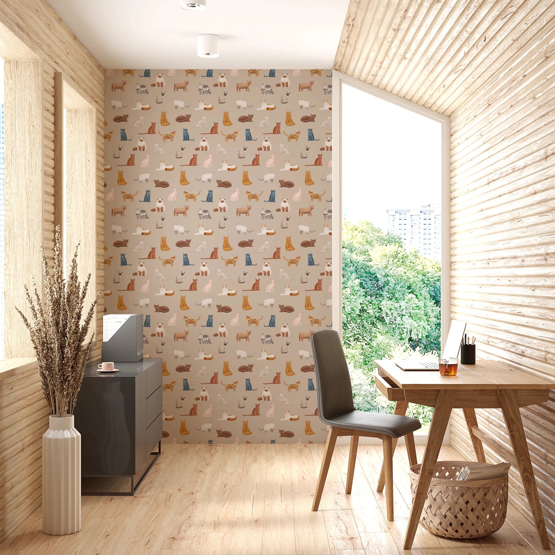 Office with Beige Wallpaper featuring illustrated felines, GD8491