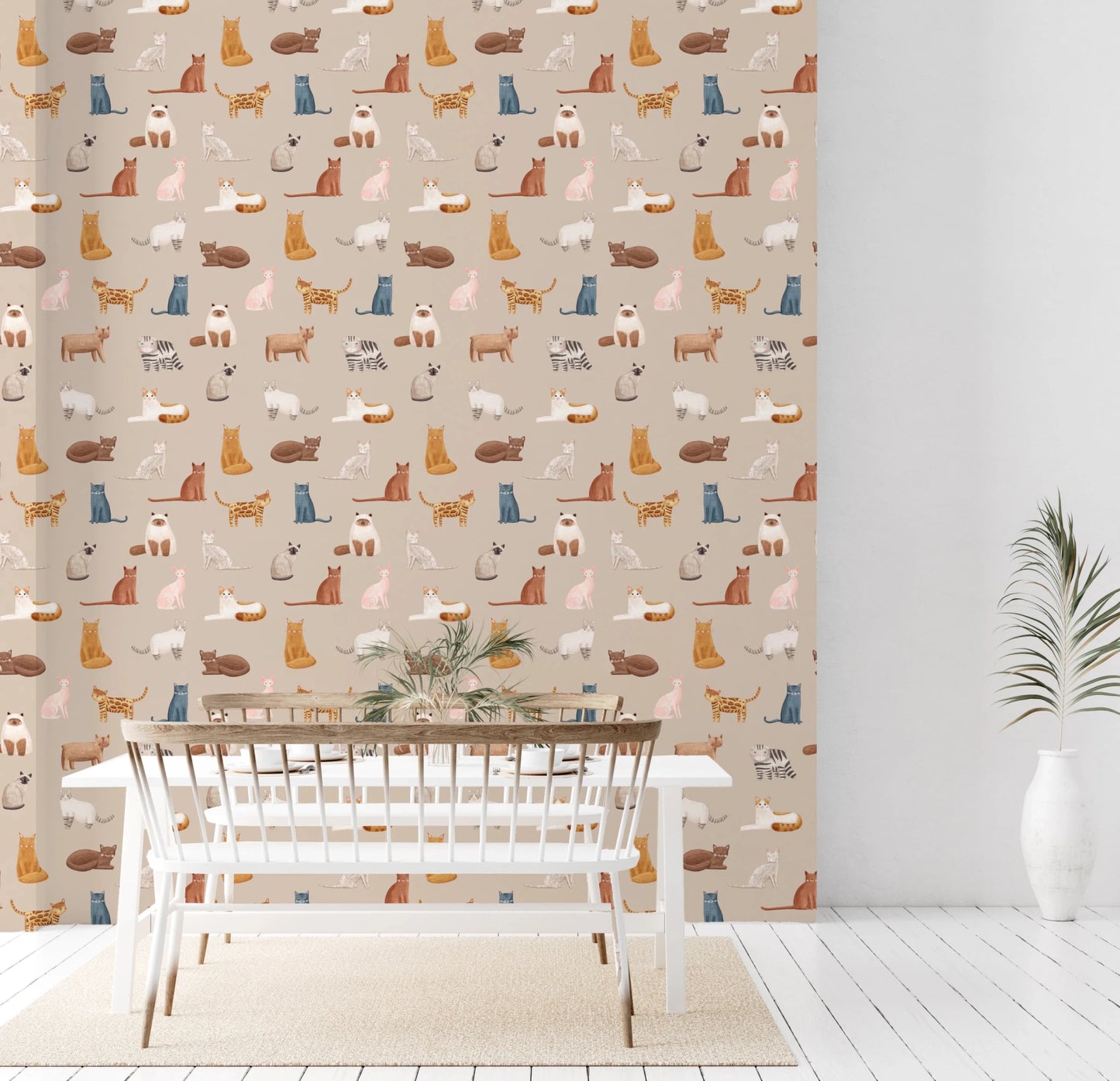 Charming beige wallpaper with hand-drawn cat artwork, GD8491