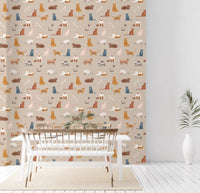Charming beige wallpaper with hand-drawn cat artwork, GD8491