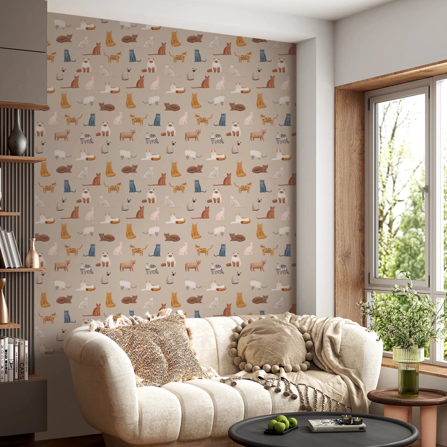 Hallway styled with Beige Wallpaper and playful cat figures, GD8491