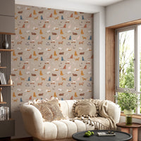 Hallway styled with Beige Wallpaper and playful cat figures, GD8491