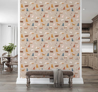 Warm beige cat wallpaper with playful illustrated felines, GD8491