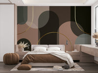 A bedroom decorated with a curved mural

