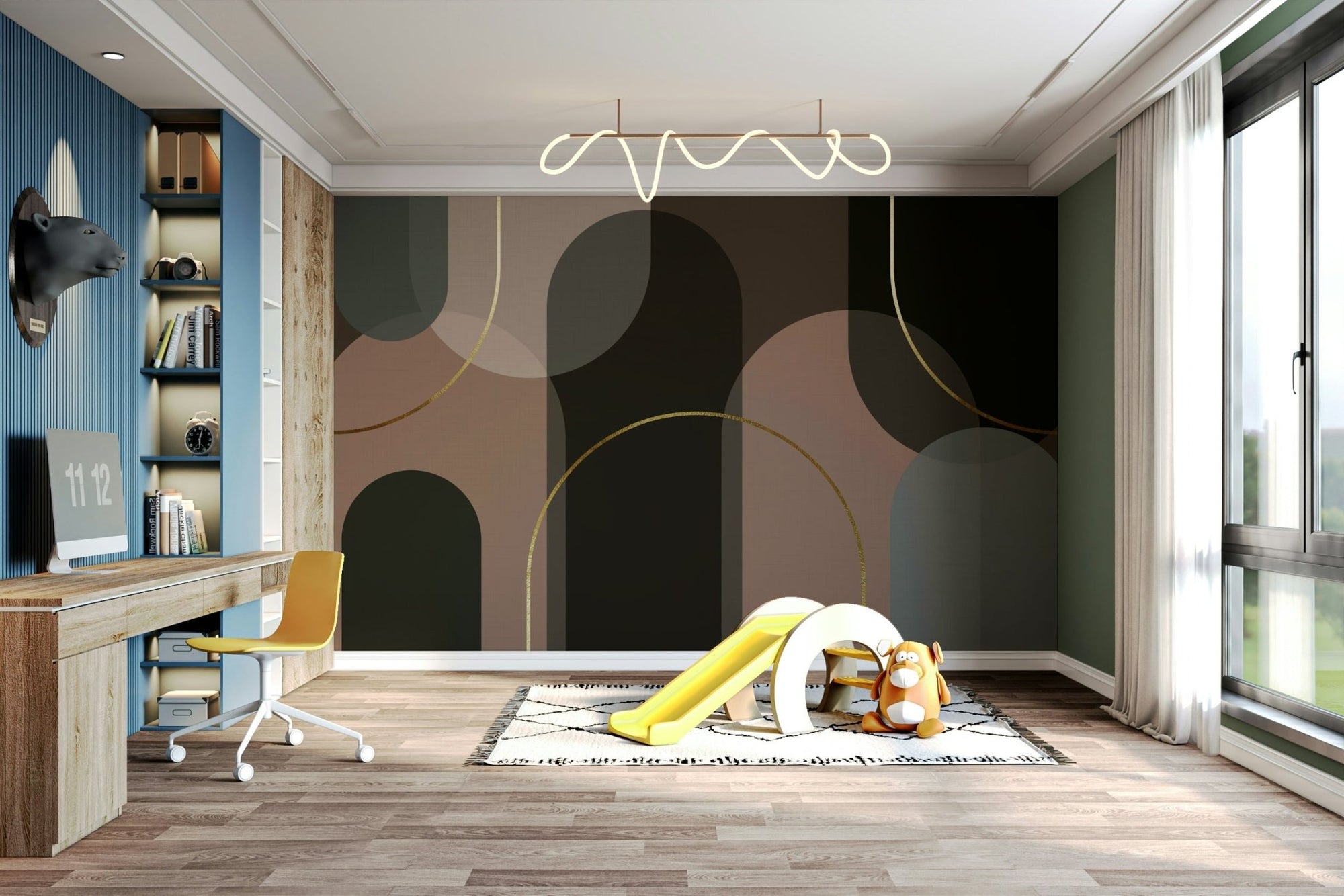 Curved Elegance in Neutral Tones Wall Mural in a living room 
GD4030


