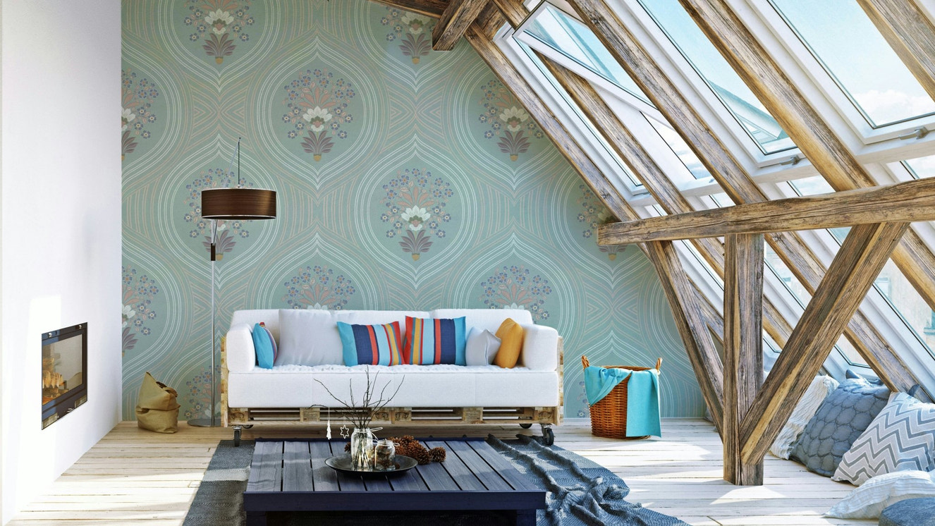 Curved Floral Lines wallpaper on living room wall

