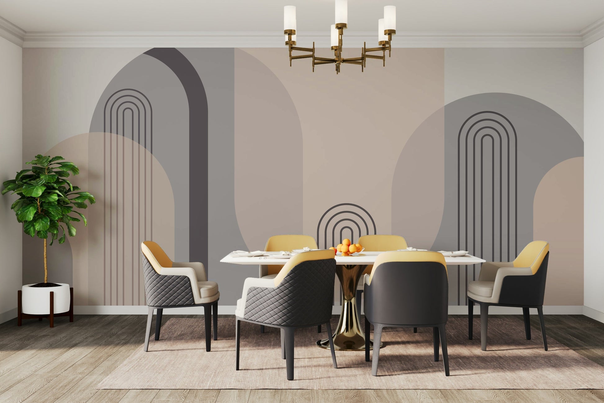 A wall mural with a fluid, abstract pattern.

