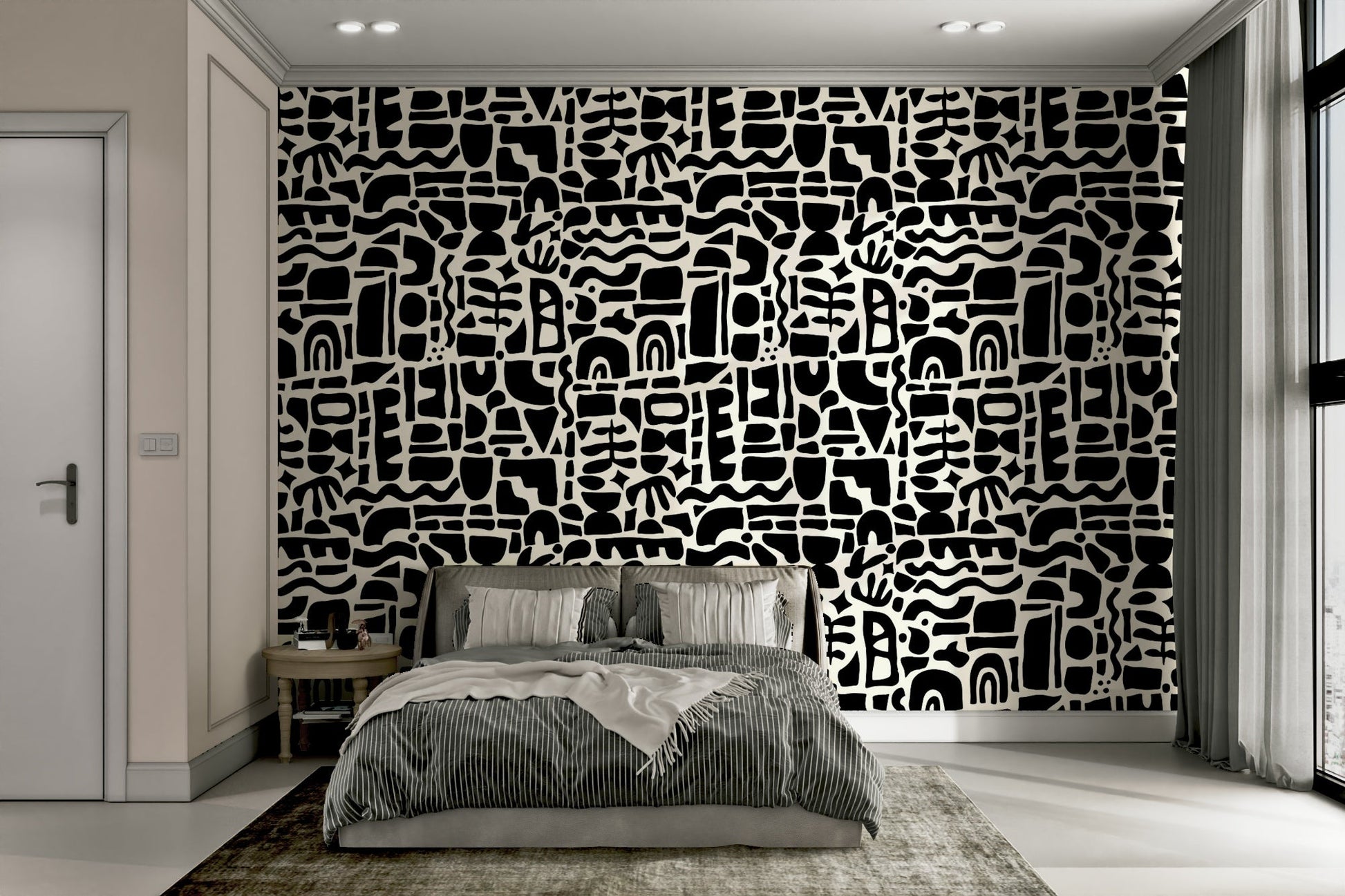 A bedroom with a unique, minimalist wall design

