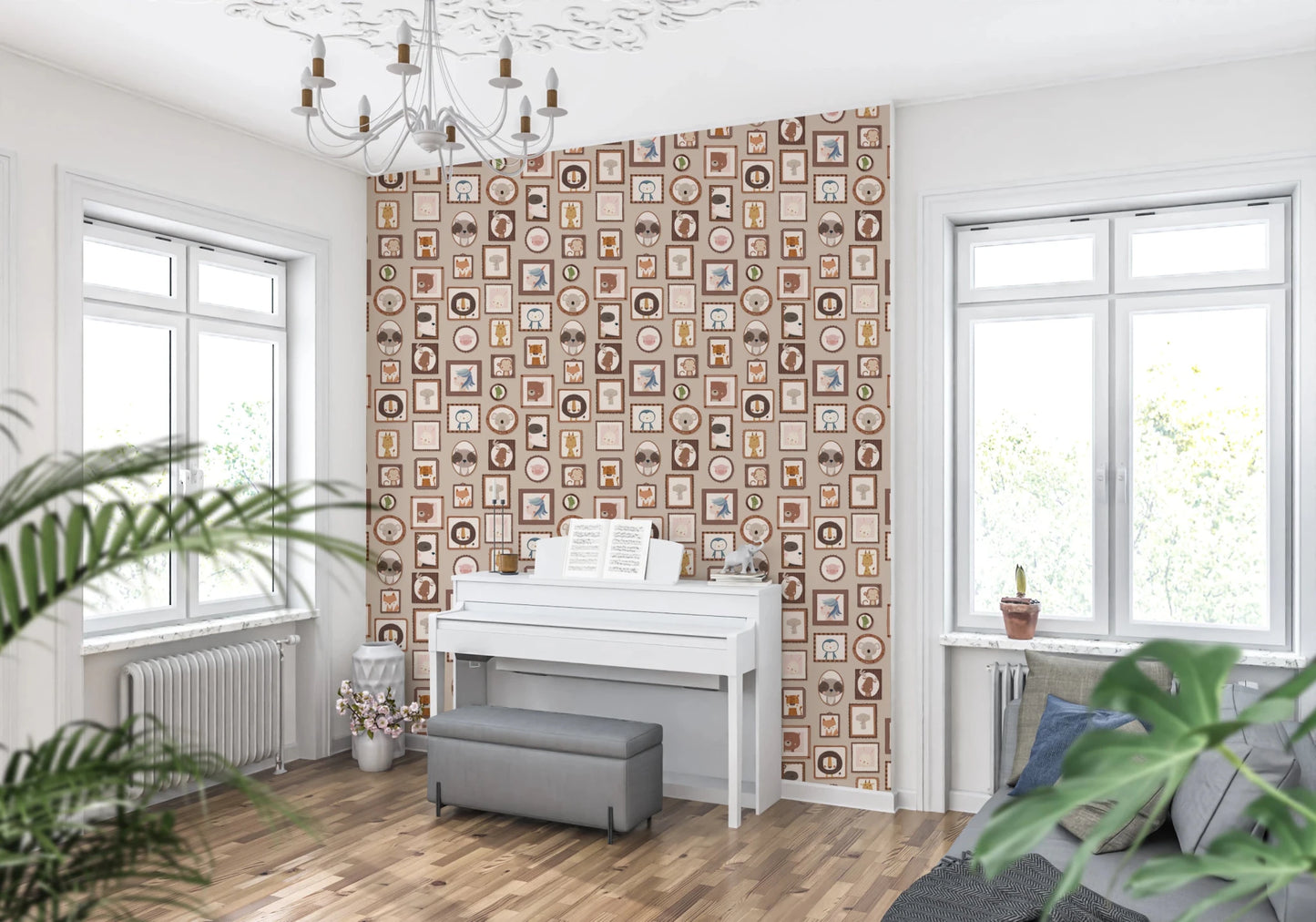 A bright corner room where Cute Animal Frames Wallpaper covers the full wall surface, GD8339