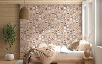 Bedroom scene with Cute Animal Frames Wallpaper placed behind a soft bedding setup, GD8339