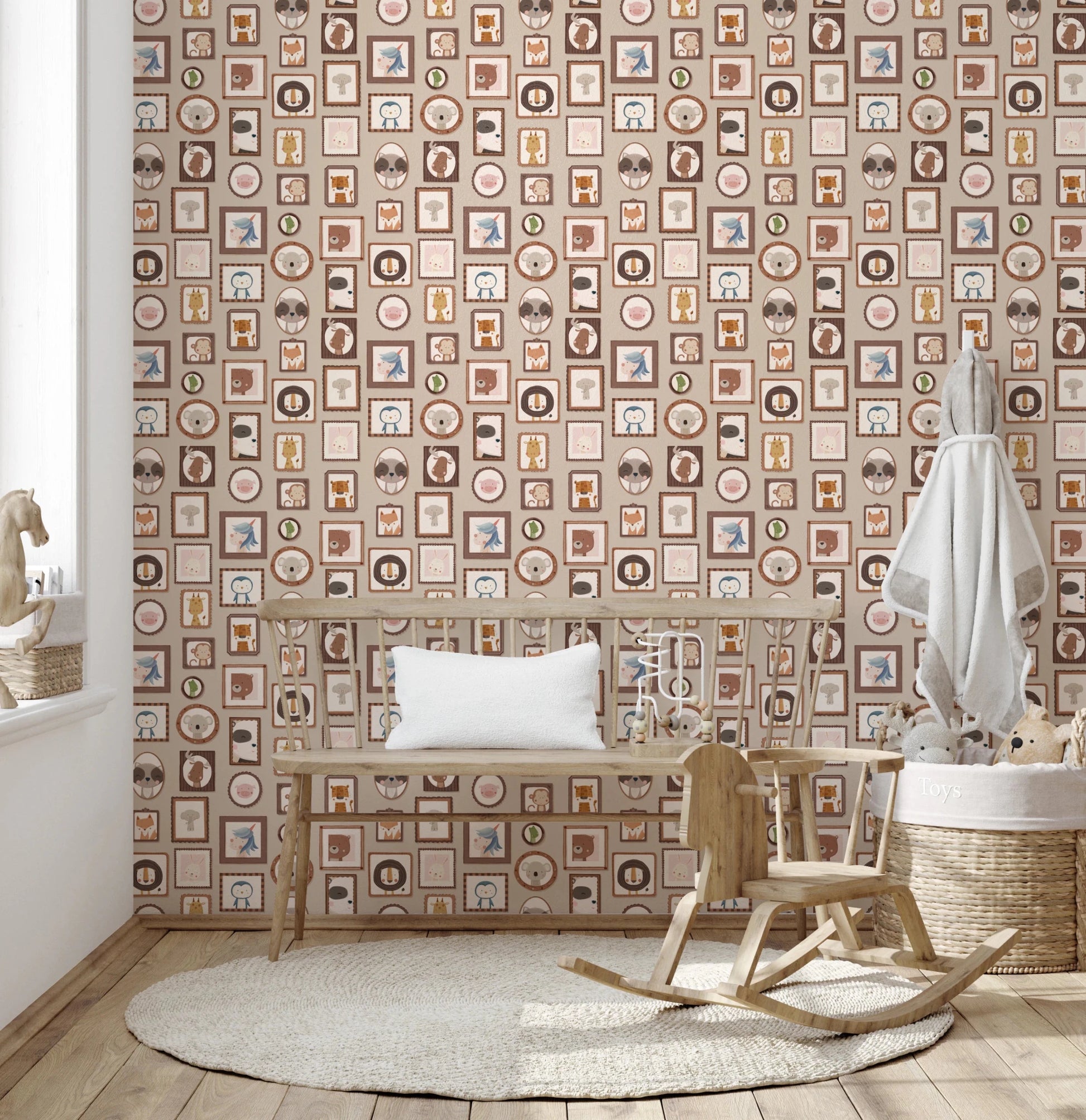 Soft nursery area where Cute Animal Frames Wallpaper blends with light furniture tones, GD8339