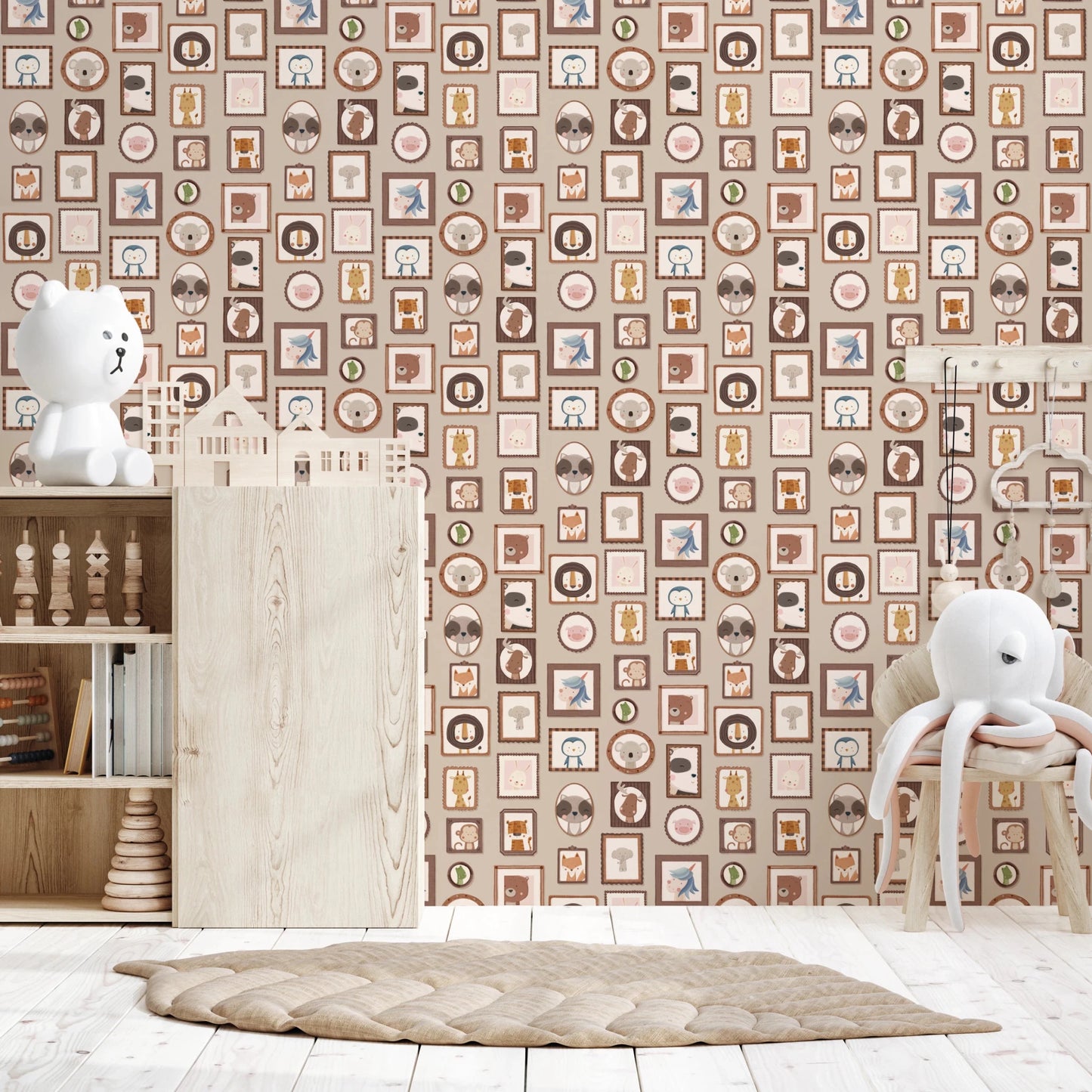 Small playroom styled with Cute Animal Frames Wallpaper and minimal table setting, GD8339