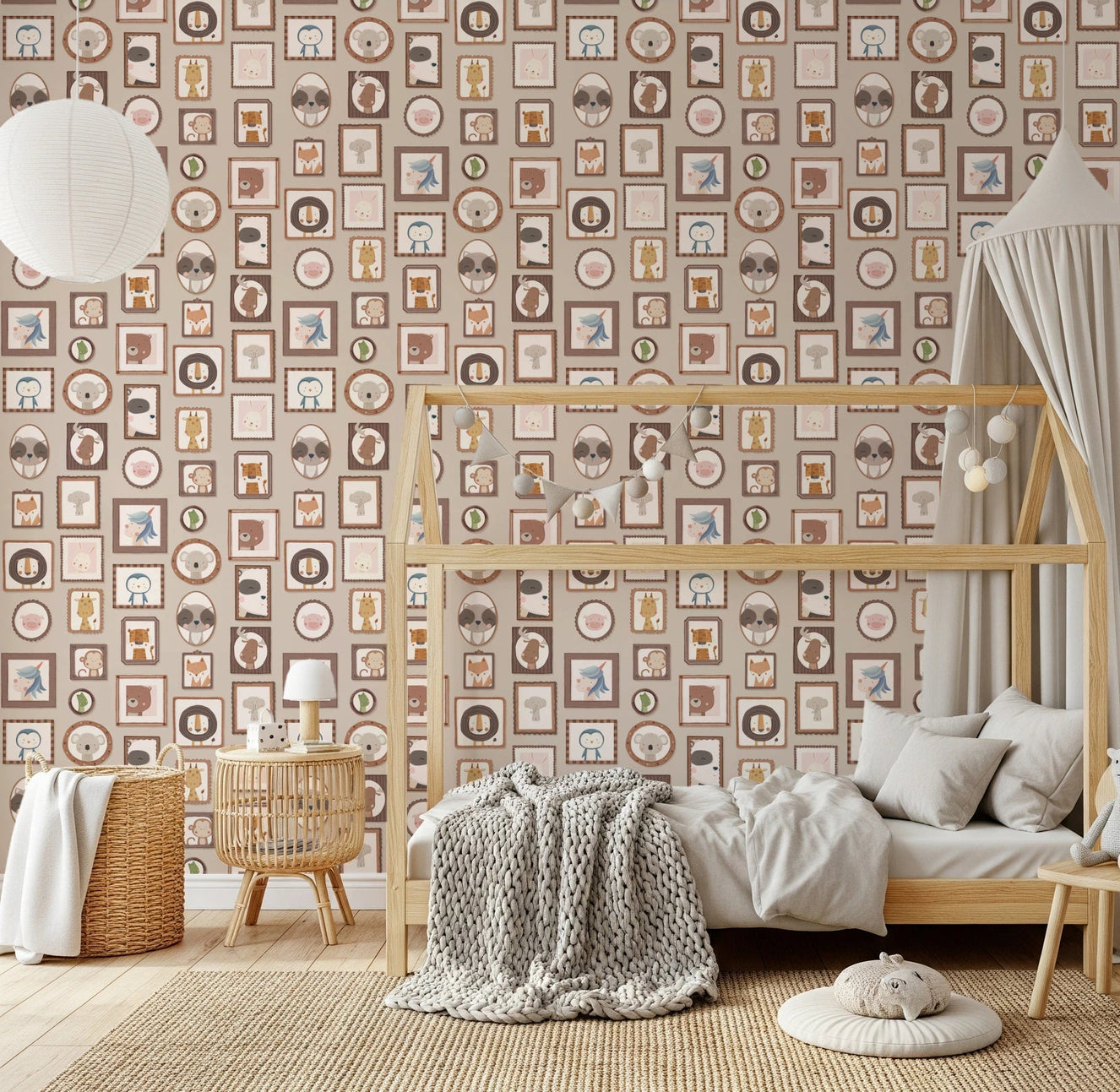 Kids bedroom styled with Cute Animal Frames Wallpaper behind a wooden bed frame
