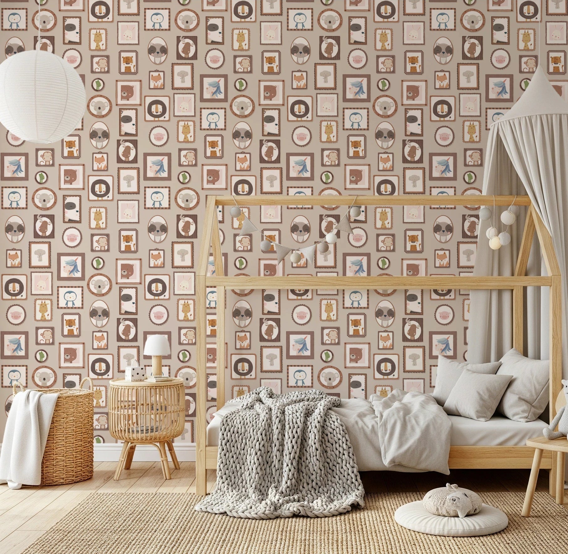 Kids bedroom styled with Cute Animal Frames Wallpaper behind a wooden bed frame, GD8339