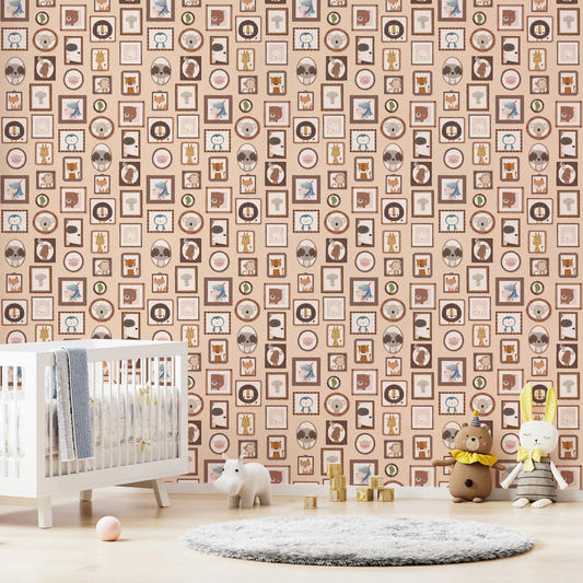 Nursery setup with crib placed against Cute Animal Portraits Wallpaper full wall