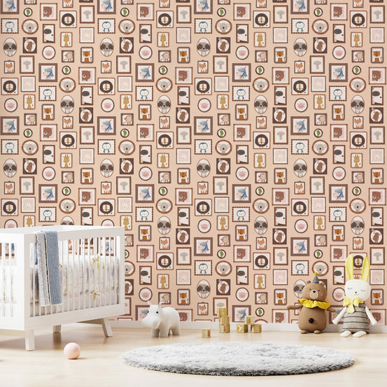 Nursery setup with crib placed against Cute Animal Portraits Wallpaper full wall, GD8338