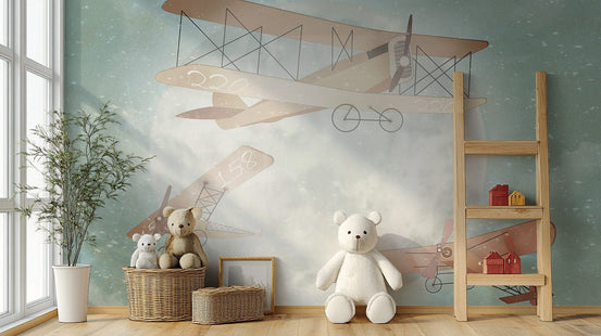 Whimsical animals flying planes under the moon, C83