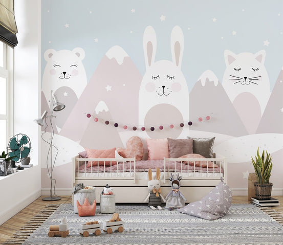 Whimsical animals mural with snowy peaks, B424
