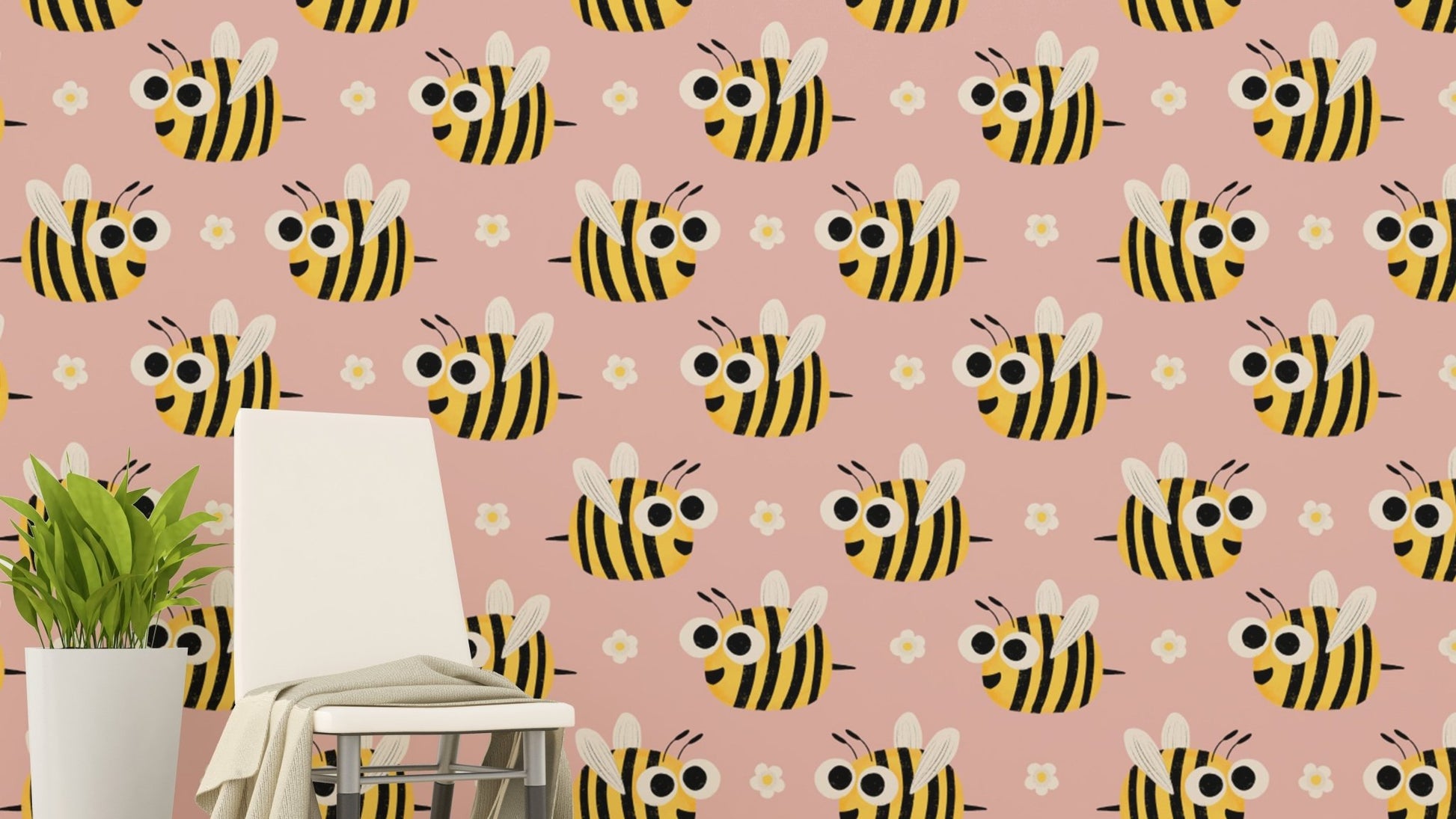 Adorable bee mural on pink background
