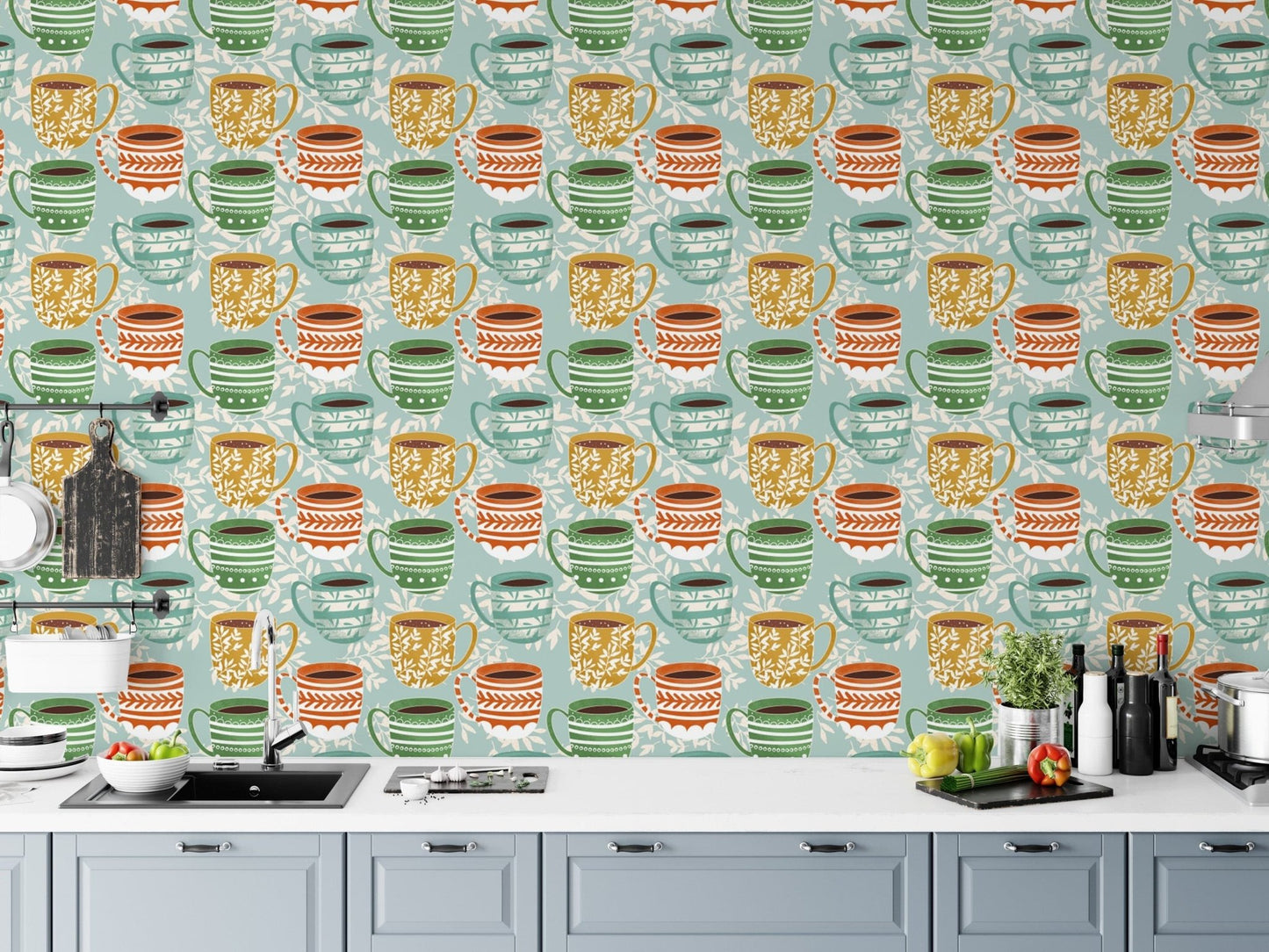 Cute coffee mug-themed blue wallpaper design, SUSCT72
