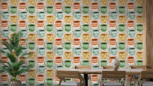 Artistic mug pattern mural for modern spaces
