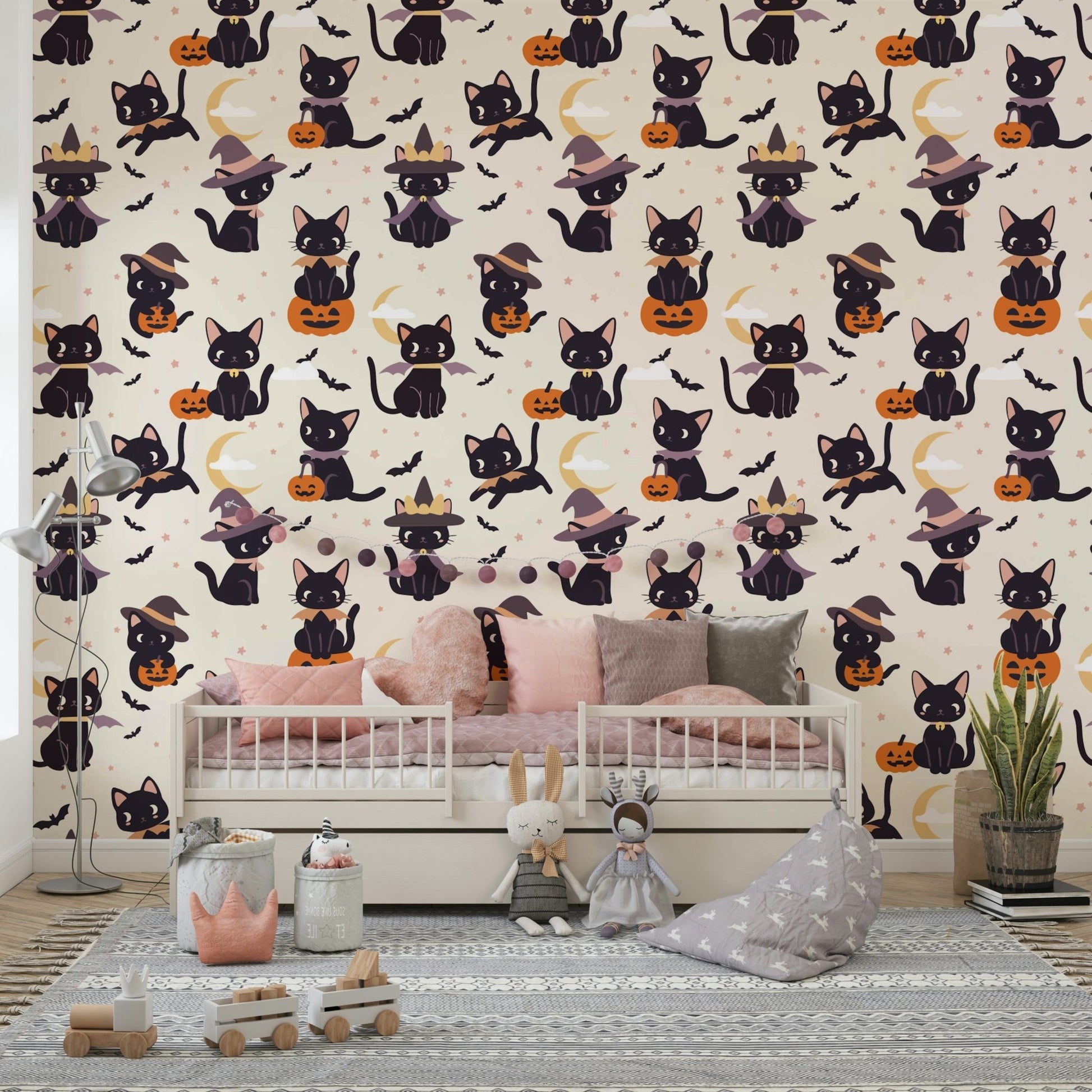 Festive Cute Halloween Witch Cats and Pumpkins Wallpaper