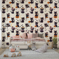 Festive Cute Halloween Witch Cats and Pumpkins Wallpaper