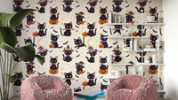 Artistic Cute Halloween Witch Cats and Pumpkins Wallpaper


