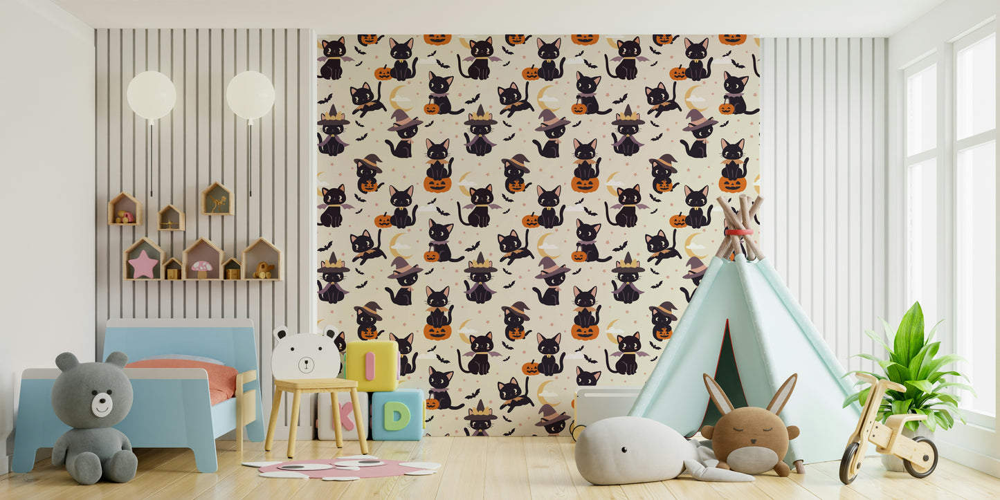 Mural wallpaper with cute witch cats & Pumpkins.

