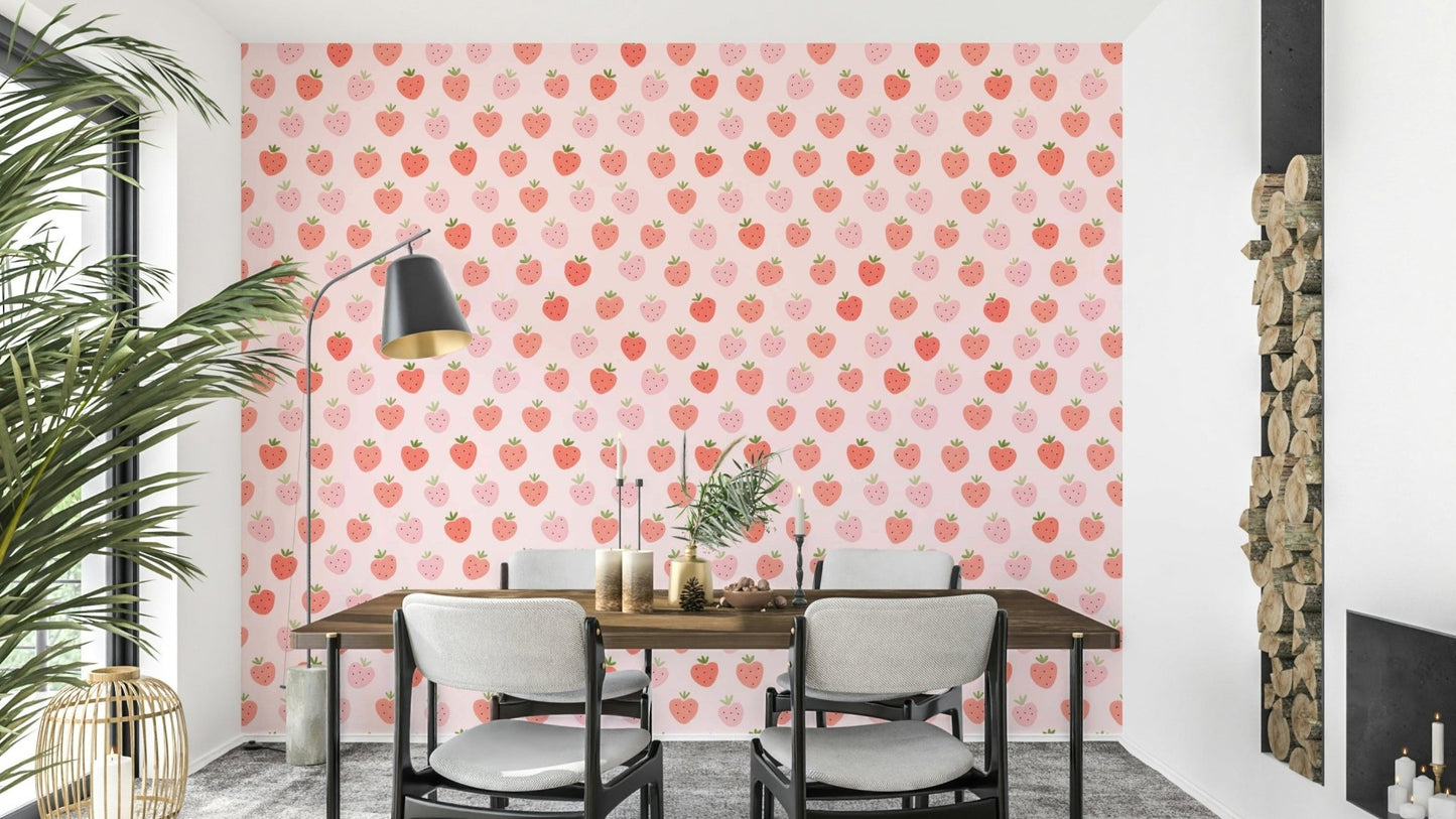Kawaii strawberry wallpaper with pink and red fruits


