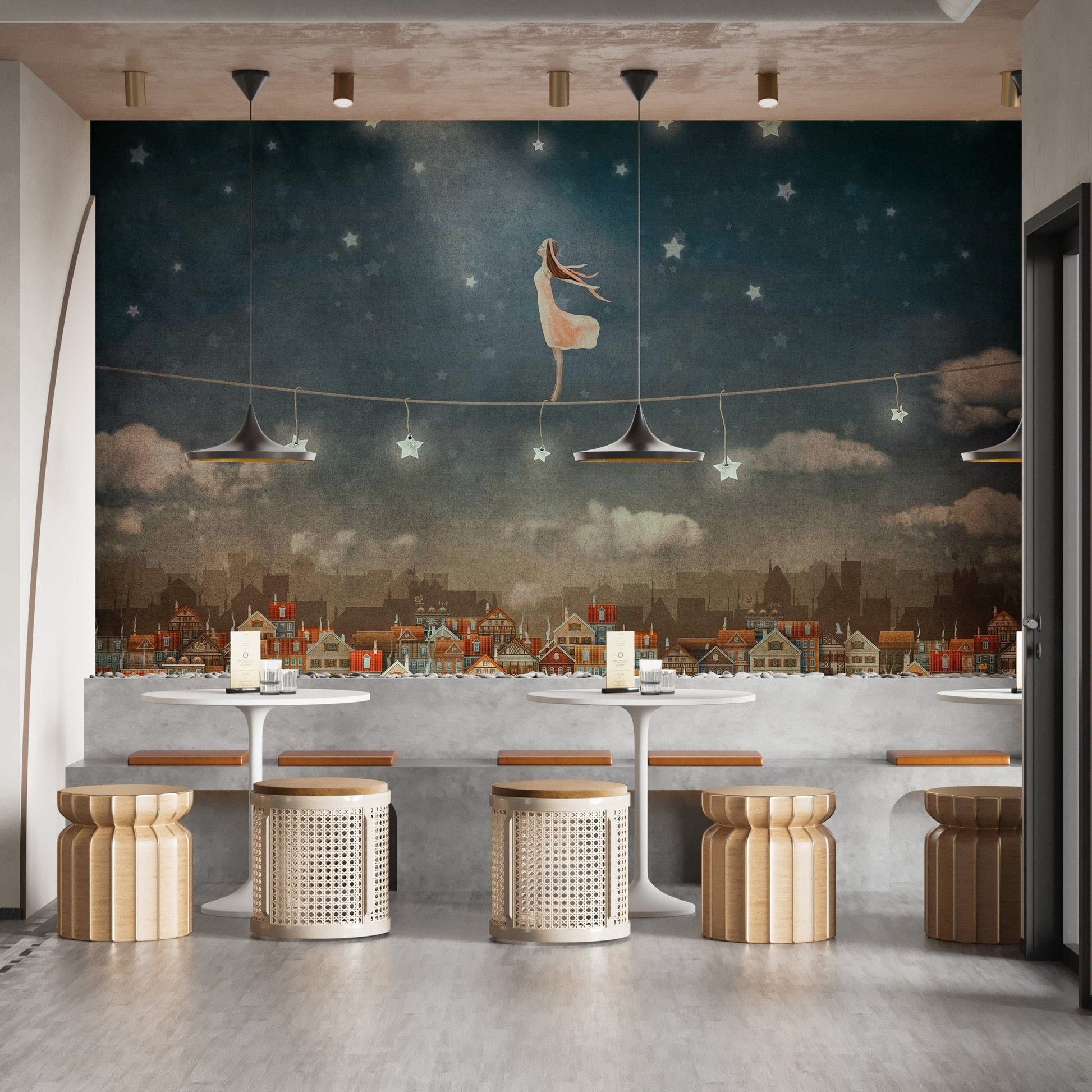 Starry night wallpaper mural with whimsical houses design. A809