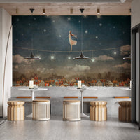 Starry night wallpaper mural with whimsical houses design. A809