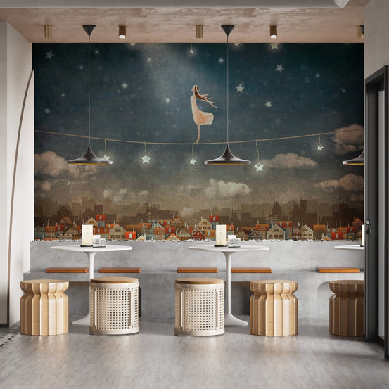 Starry night wallpaper mural with whimsical houses design. A809