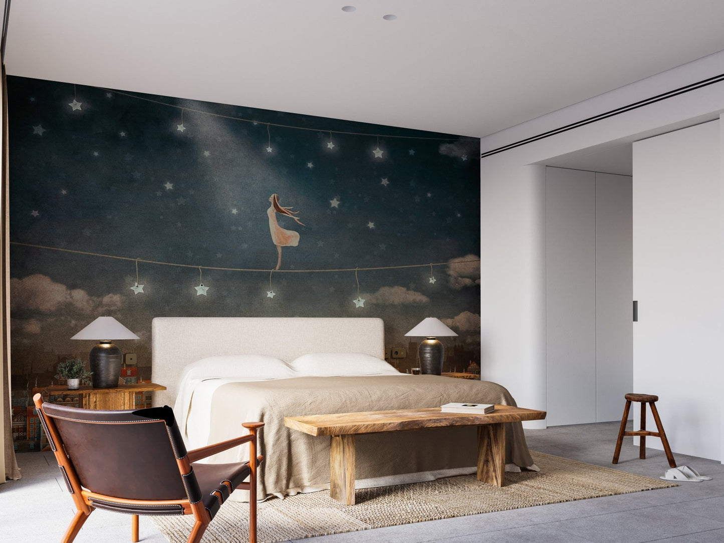 Night sky wallpaper mural featuring enchanting houses view. A809