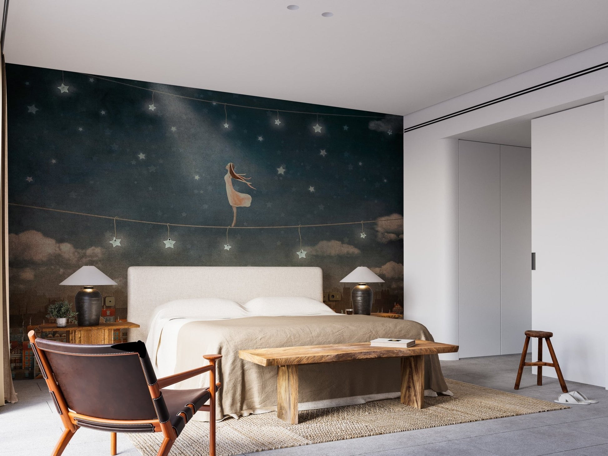 Night sky wallpaper mural featuring enchanting houses view. A809
